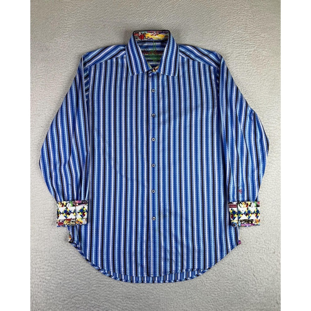 Robert Graham Shirt Mens Medium Blue Stripe Cotton LS Button Up Cars Travel